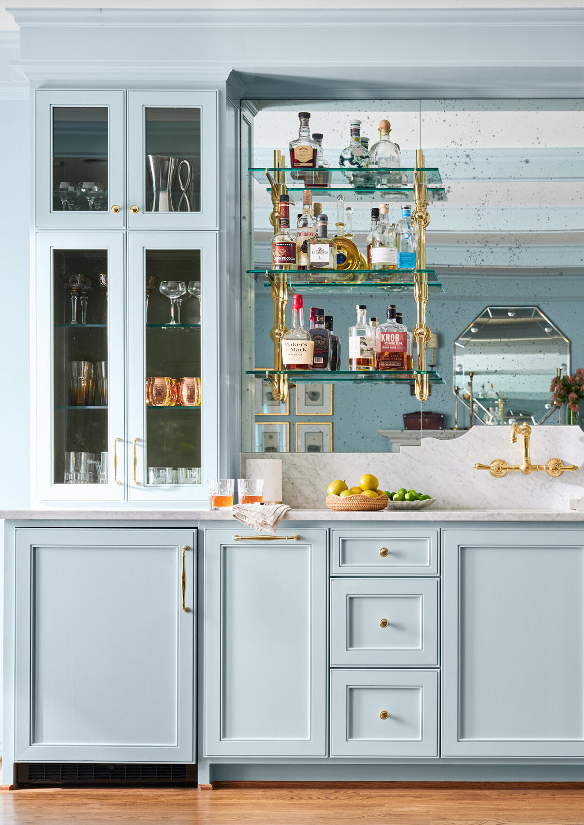 Light Blue Millwork, Wet Bar, Antique Mirror