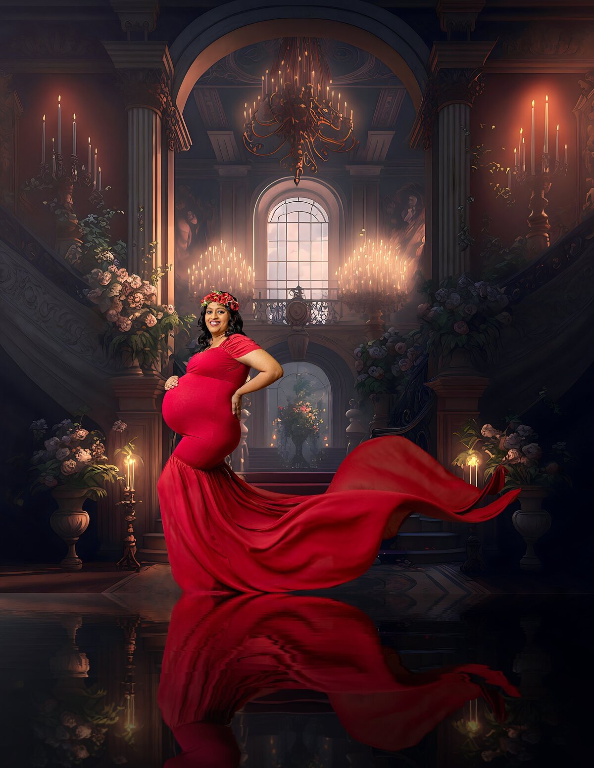 pregnant mom posed in a flowy red gown in a castle