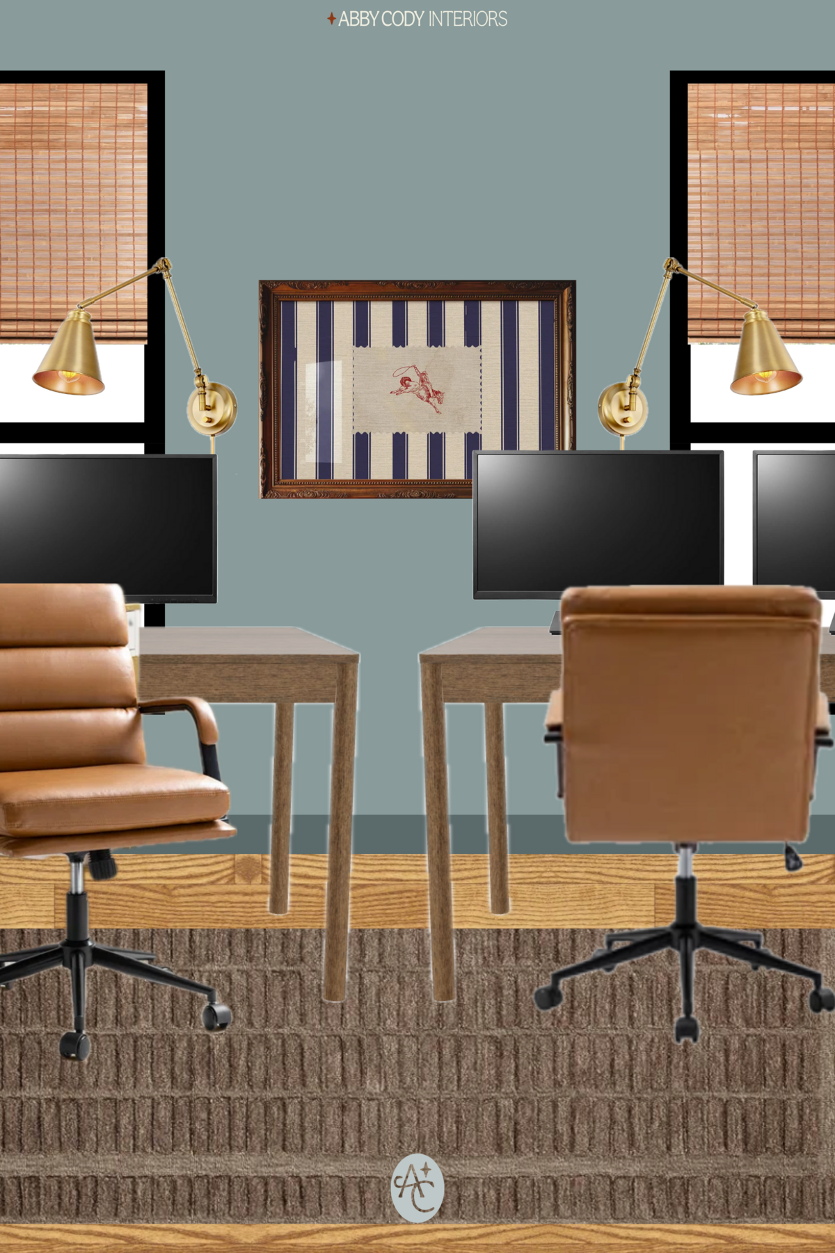 shared office in nyc apartment with ikea desks, brown leather mcm office chairs, brown rug, blue farrow and ball walls, dark blue trim, bamboo shades, etsy print, gold sconce pair, black windows, work from home set up for two people