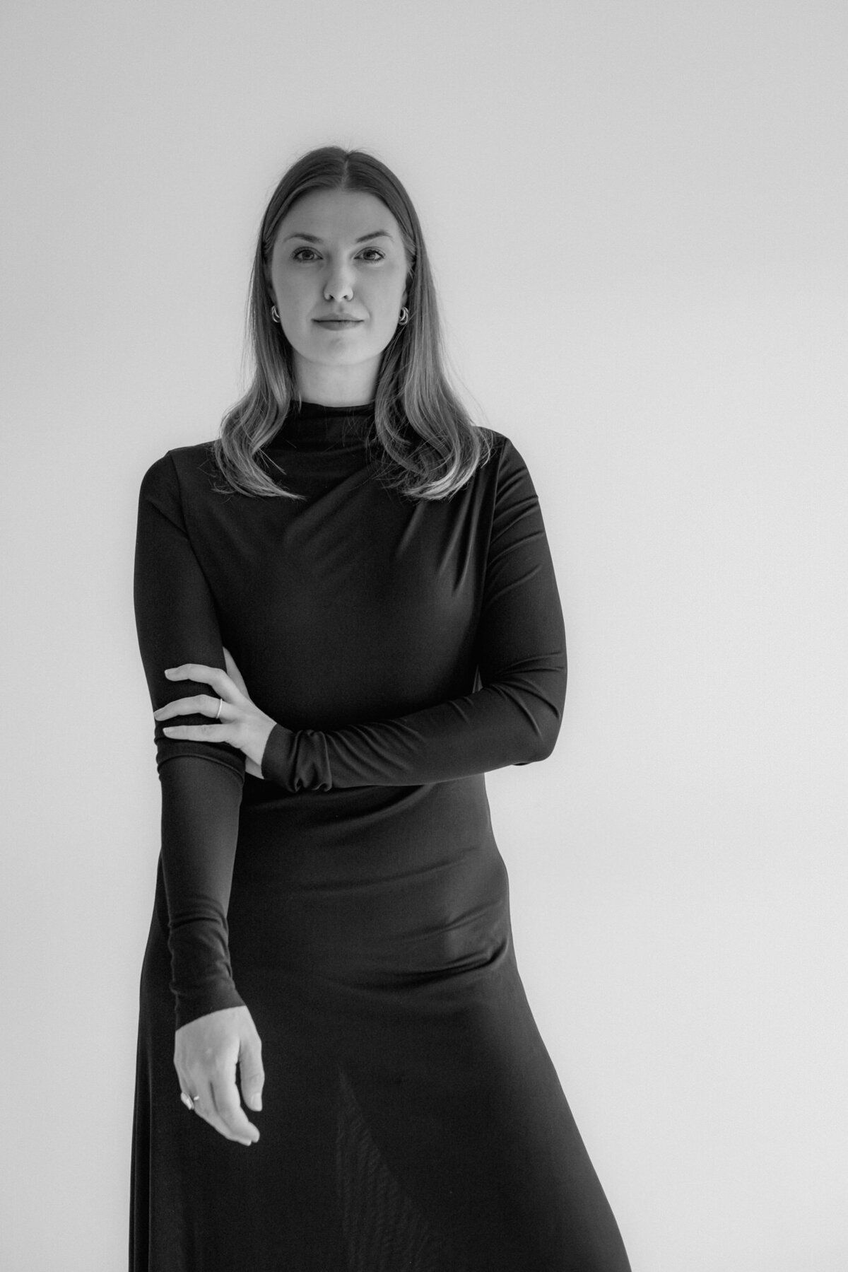 Portrait Photography of a Woman in a black dress - all black and white.