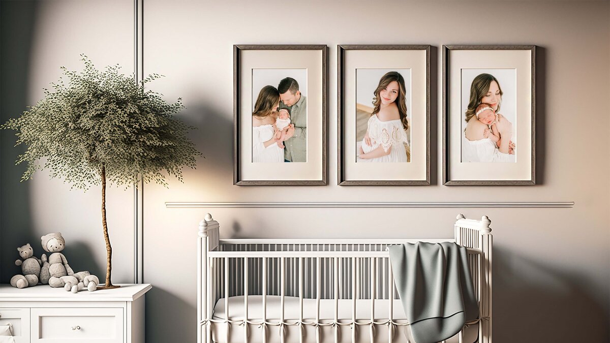 framed photo collage over crib of maternity and newborn photos captured by Joplin MO maternity and newborn photographer