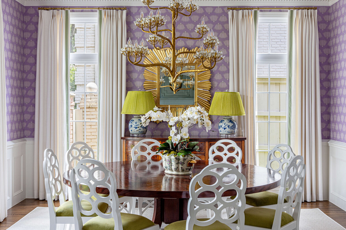 oyster creek studios lavender and chartreuse dining room with white chairs