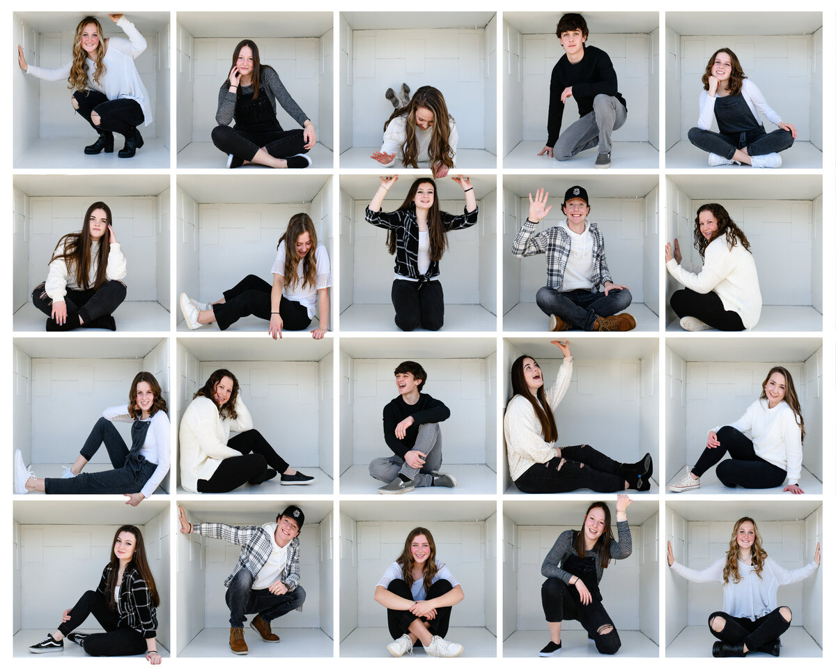 Creative senior photo ideas for rep team with kids in black and white outfits sitting in a white box brady bunch style