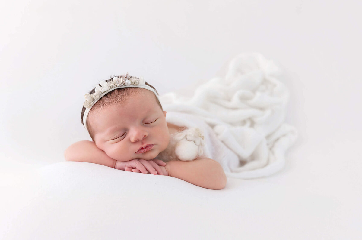newborn baby girl on a white background holding a bunny lovie for her Burlington newborn photography session.