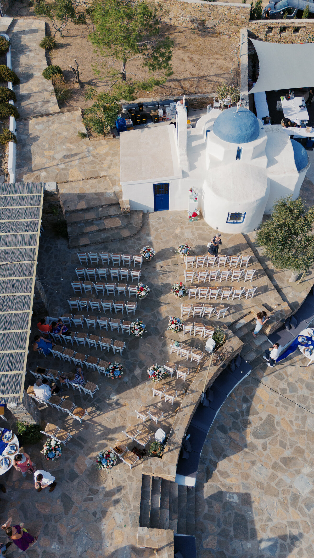 drone image of a destination island wedding on Paros, Greece