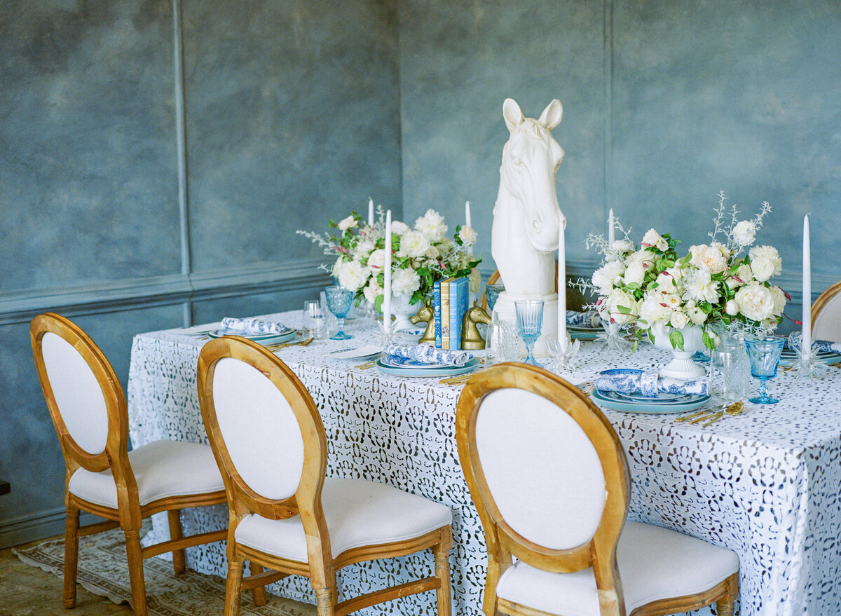 detail image of table setting in a bridal, blue room