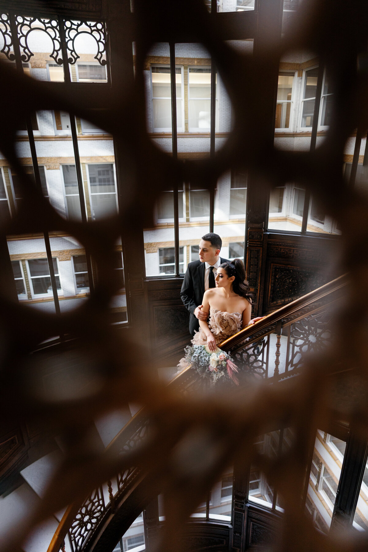 Aspen-Avenue-Chicago-Wedding-Photographer-Rookery-Engagement-Session-Histoircal-Stairs-Moody-Dramatic-Magazine-Unique-Gown-Stemming-From-Love-Emily-Rae-Bridal-Hair-FAV-27
