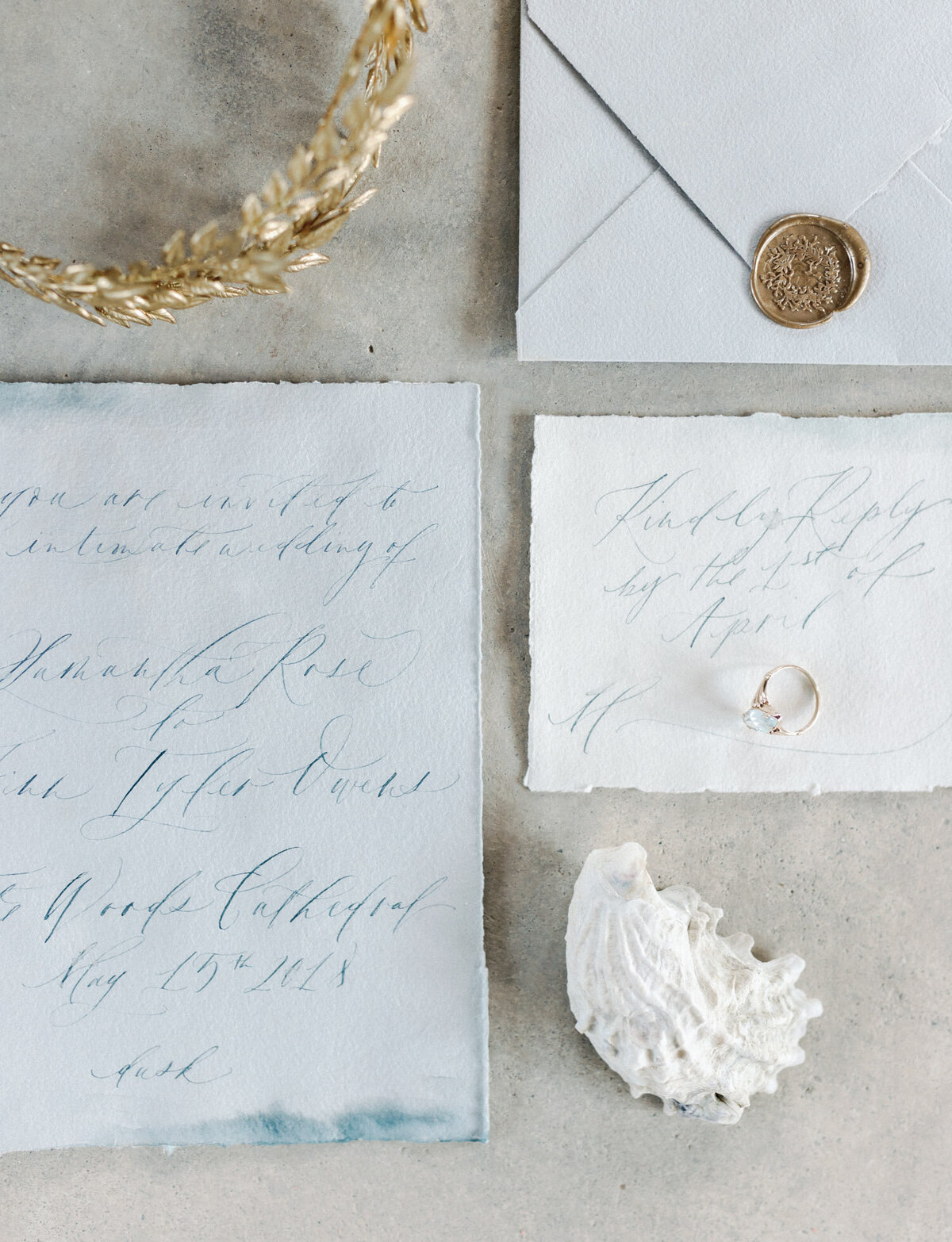 soft, handmade paper wedding invitations, calligraphy, gold wax seal