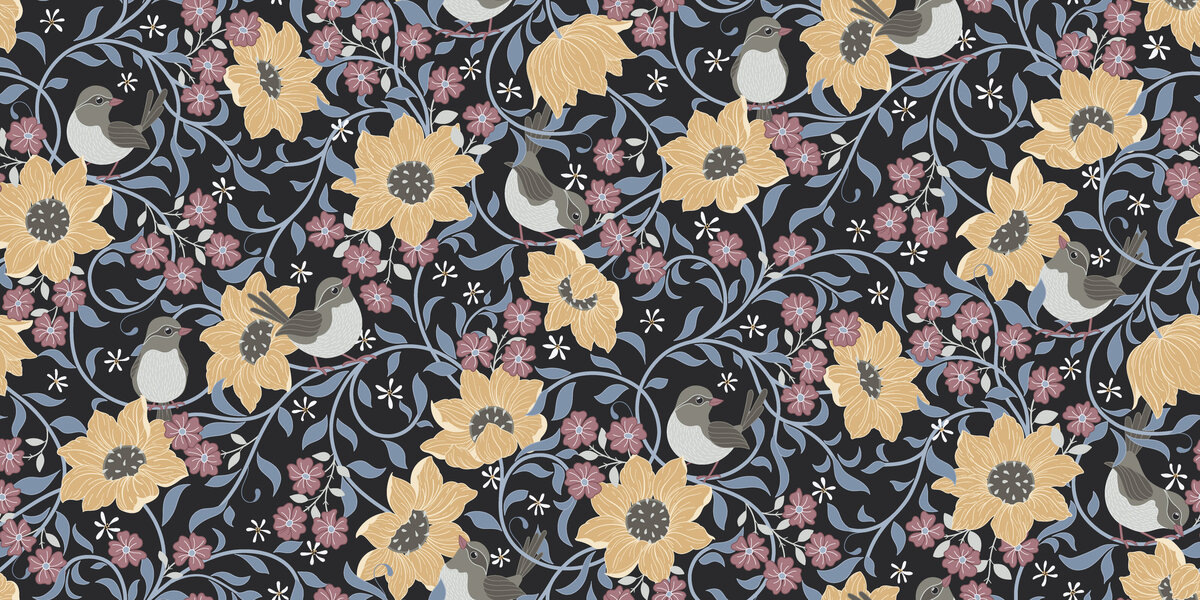 Wangi surface pattern design by green acre designs birds and big yellow flowers