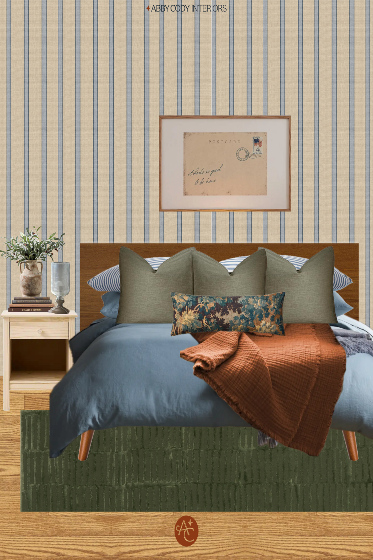 renter friendly wallpaper bedroom, striped wallpaper, mcm bed frame, walnut mid-century bed frame, green rug, primary bedroom, master bedroom, moody sophisticated bedroom, blue bedding, green pillows