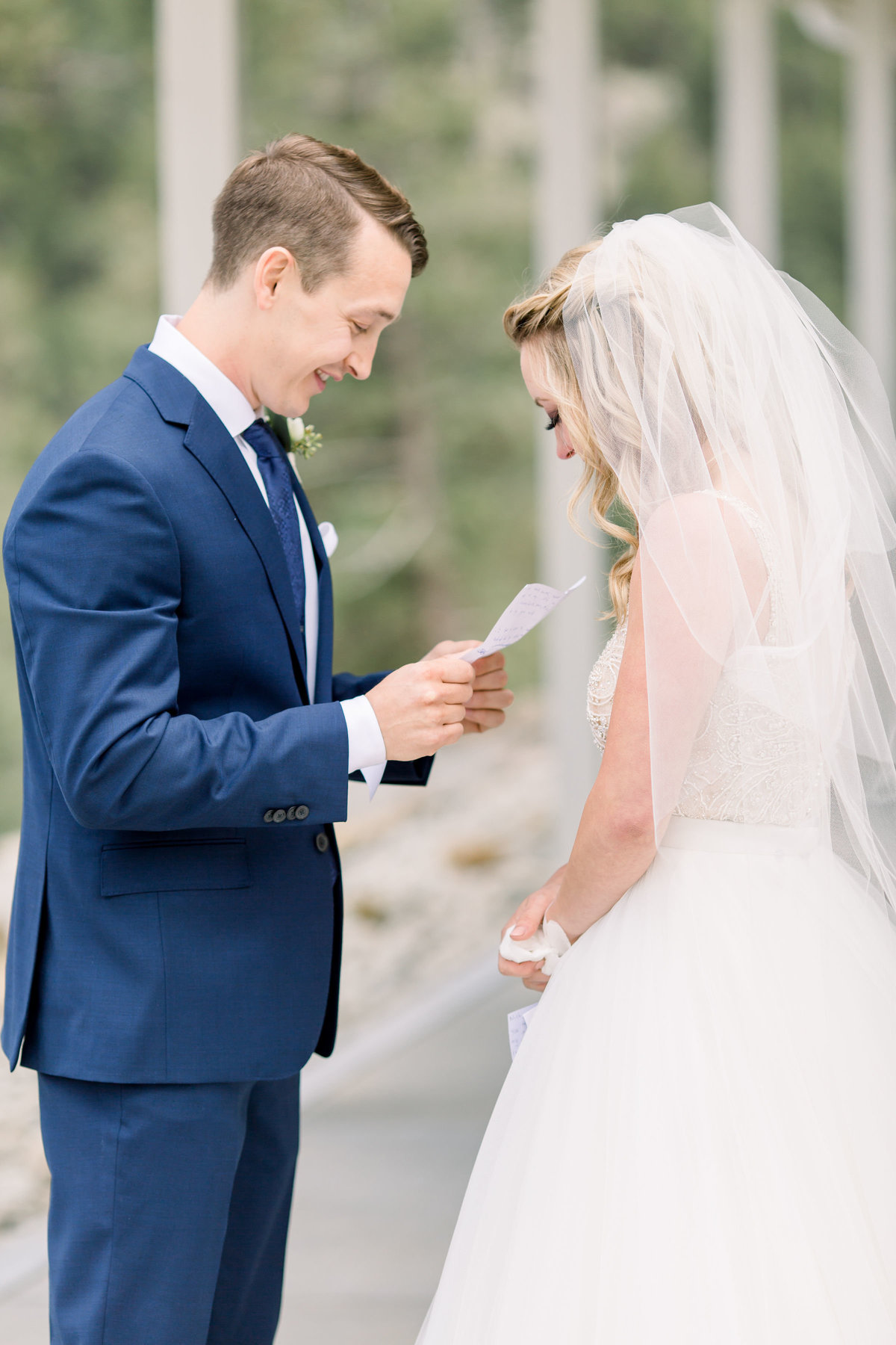 Bride and groom's first look at Woodlands Colorado wedding
