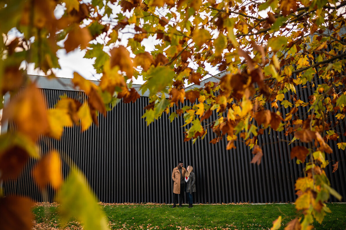 A couple is surrounded by fall leaves in front of a black wall