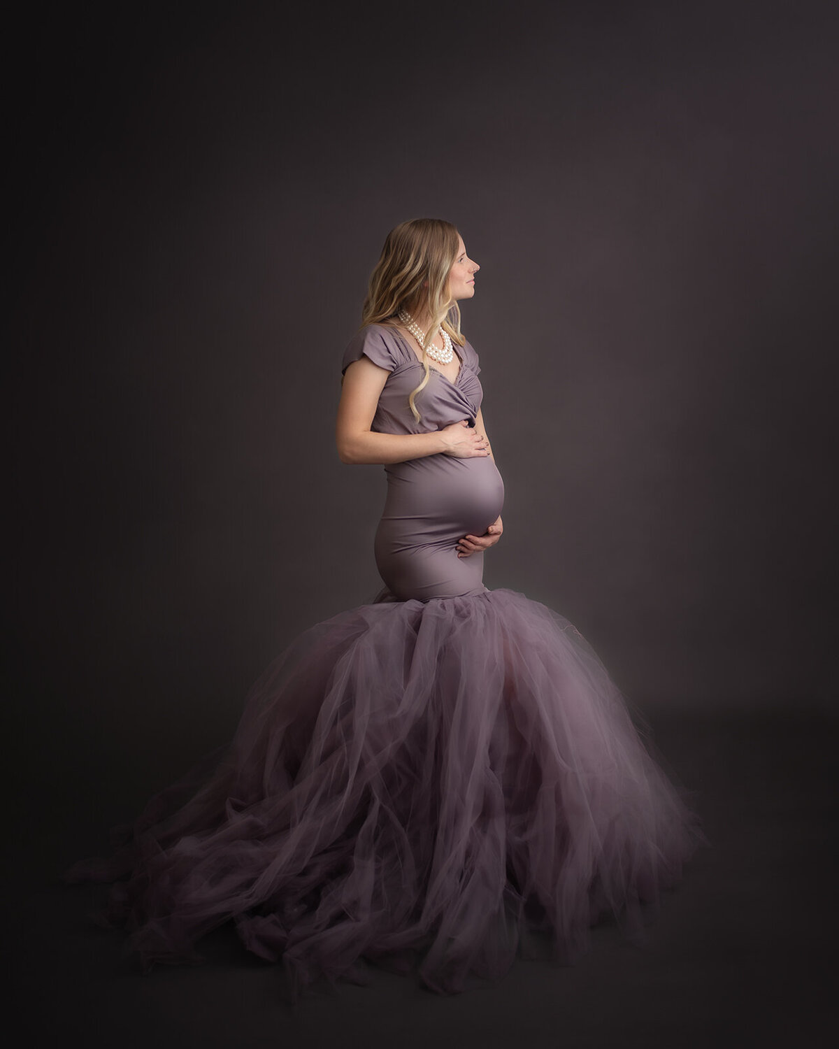 pregnant mom in purple tulle mermaid gown