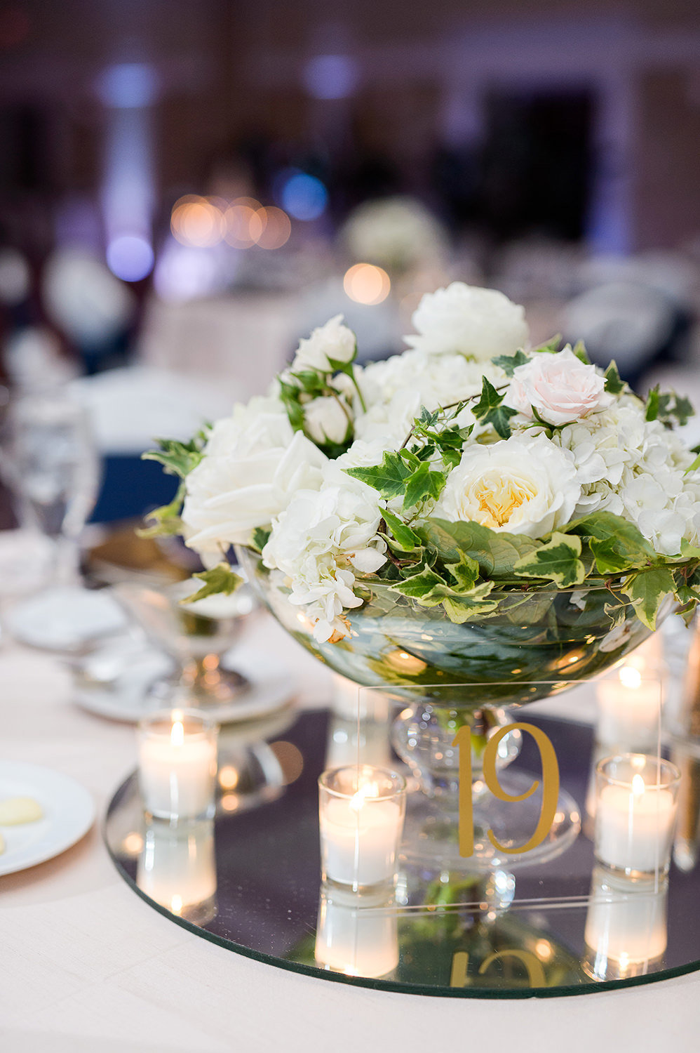 reception table at blue and cream wedding