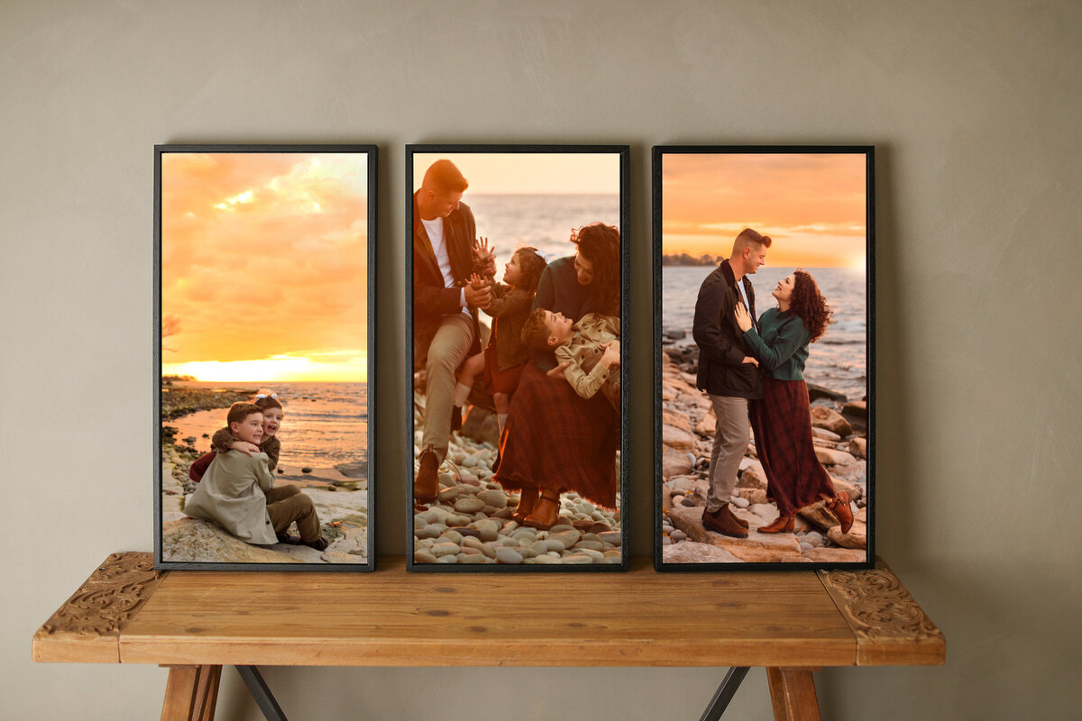 Family photo on wall art at sunset