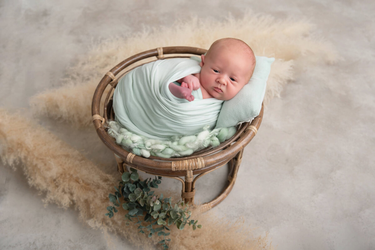 newborn boy wrapped in mint green in a circle prop boho style for his newborn photography session in Burlington , Ontario.