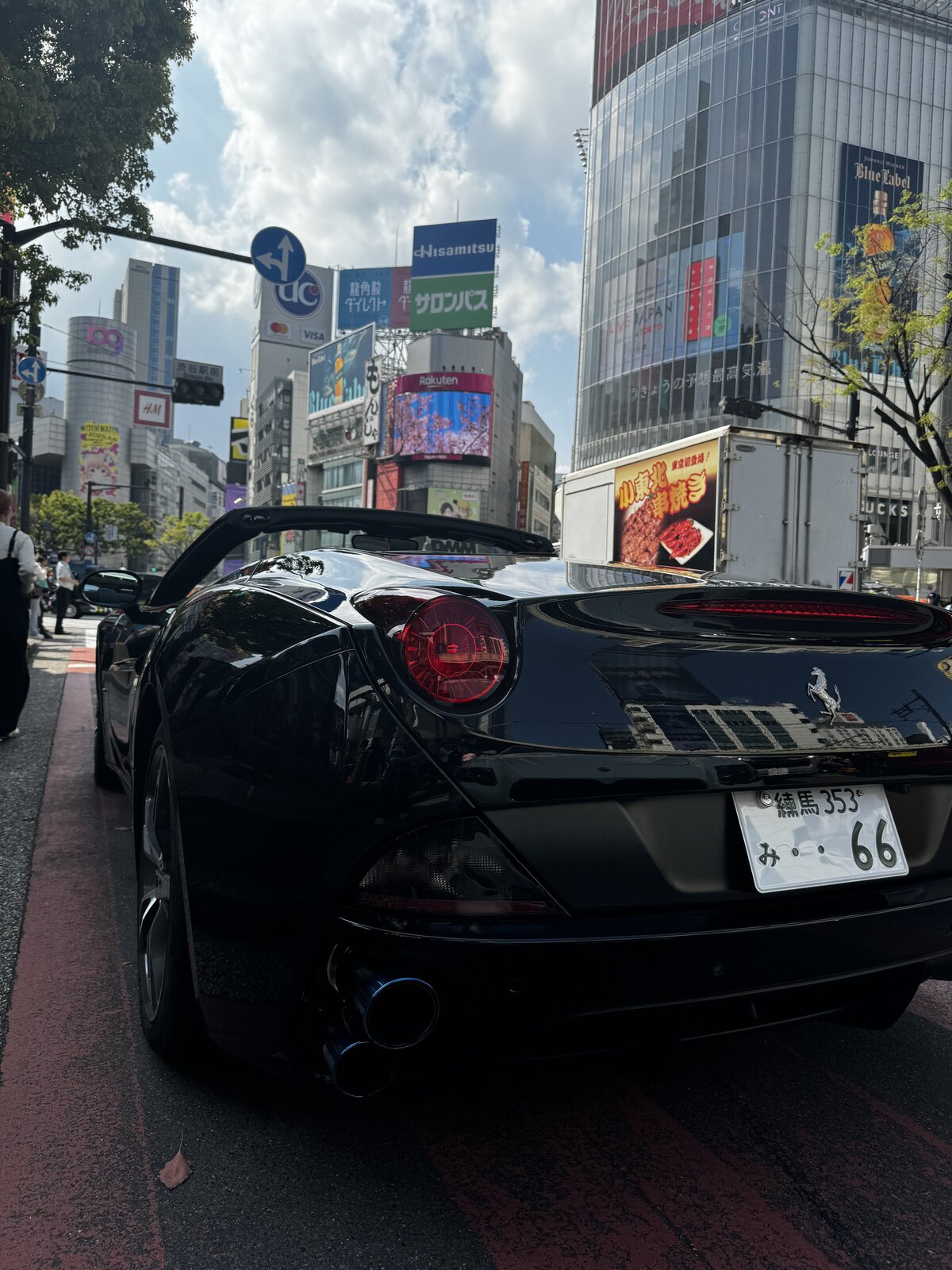 Rear view of a black Ferrari California convertible cruising through the bustling streets of Shibuya, Tokyo, with tall buildings and colorful signage in the background.