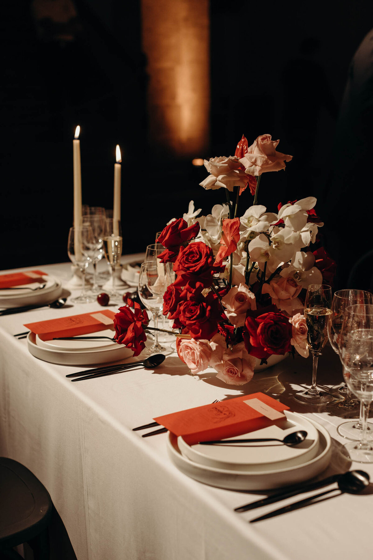 Red tablescape with candles
