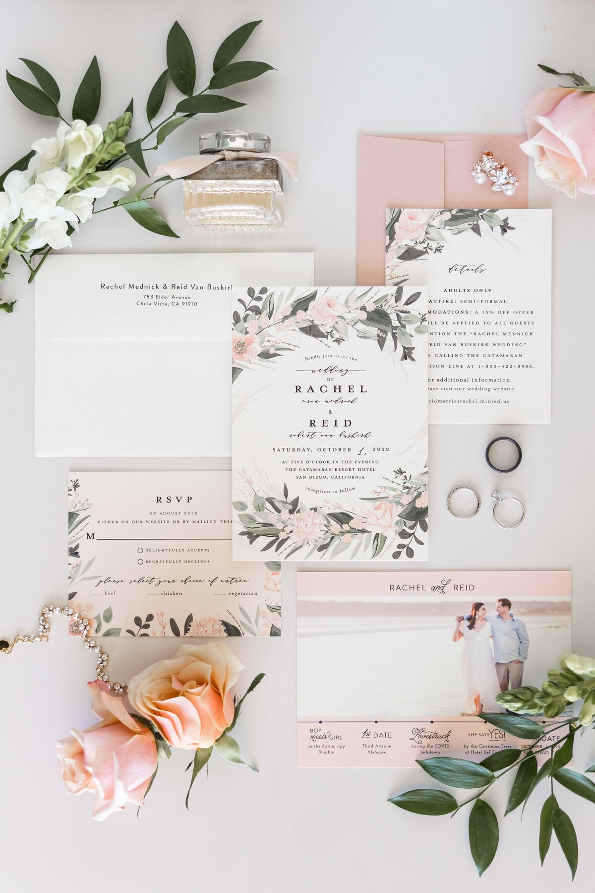 pink and green wedding invitation flatlay