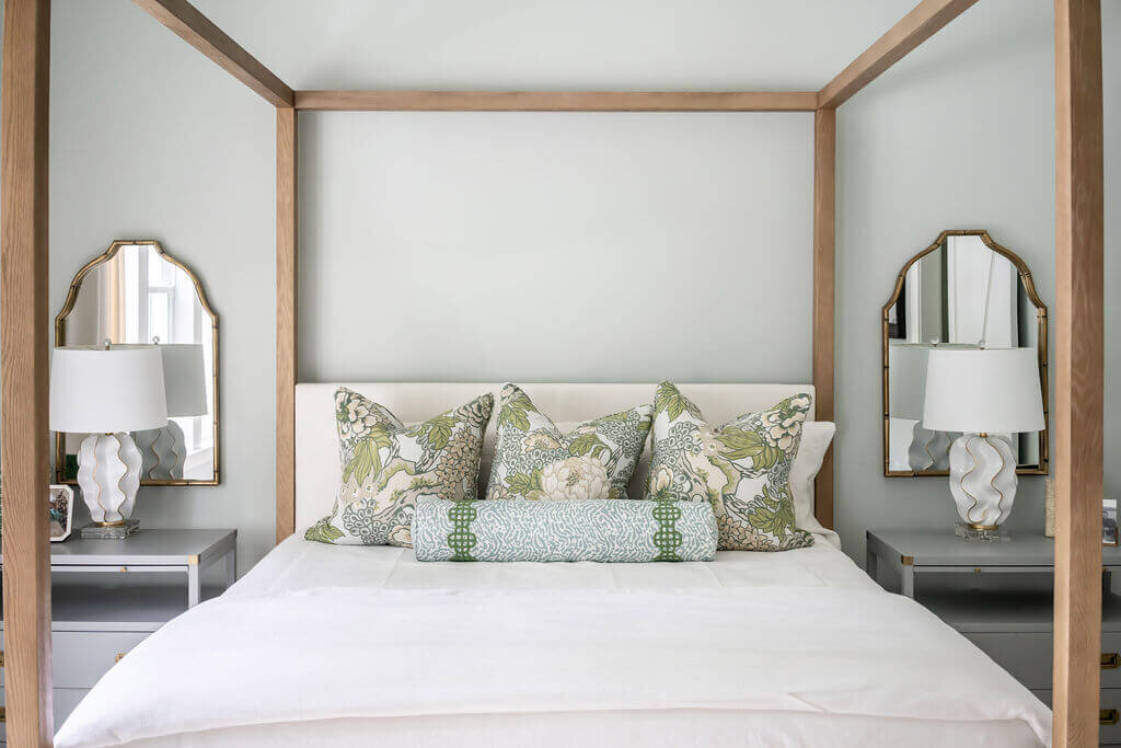 sweet southern home gracies space wooden canopy bed with chartreuse floral pillows