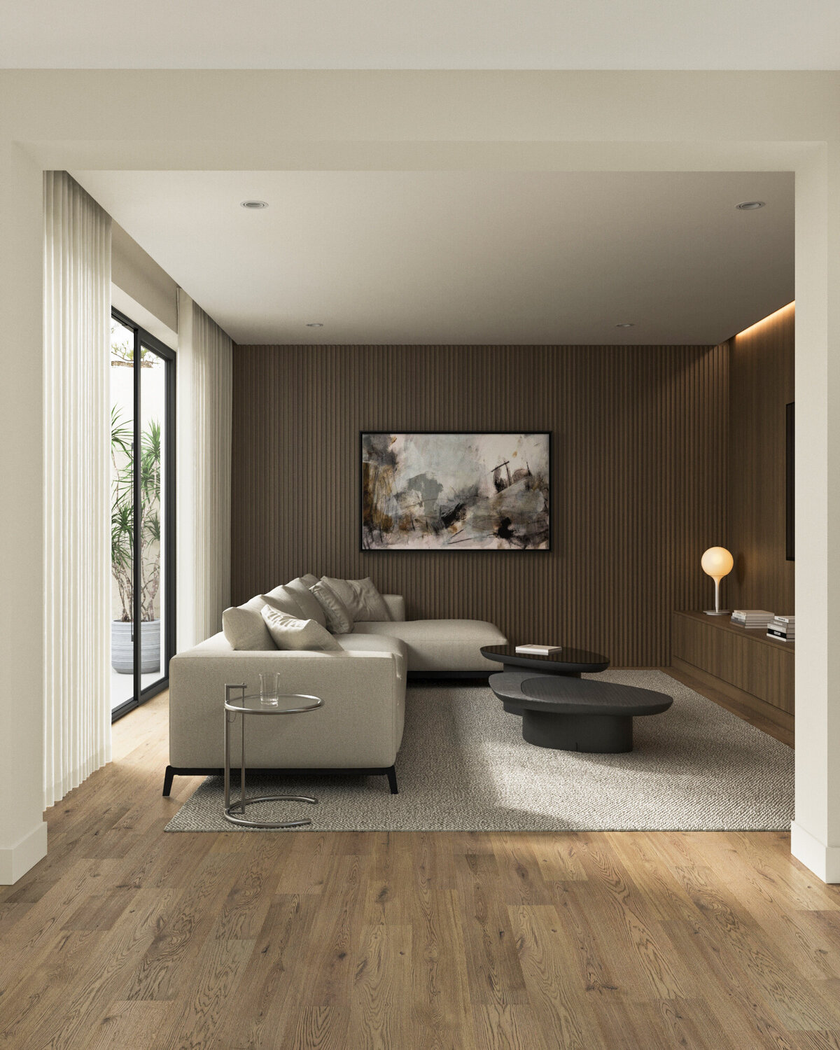 living room with wood feature walls