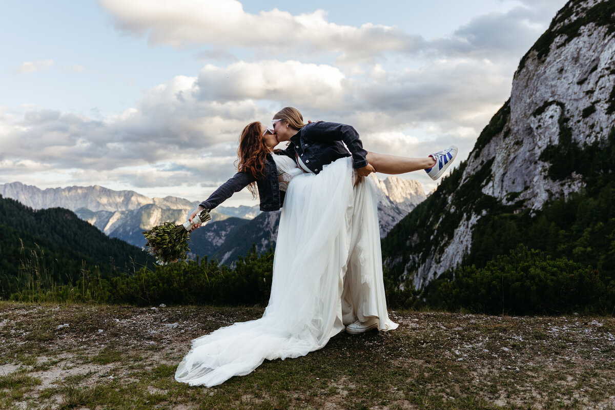 Romantic wedding kiss mountain elopement Slovenia