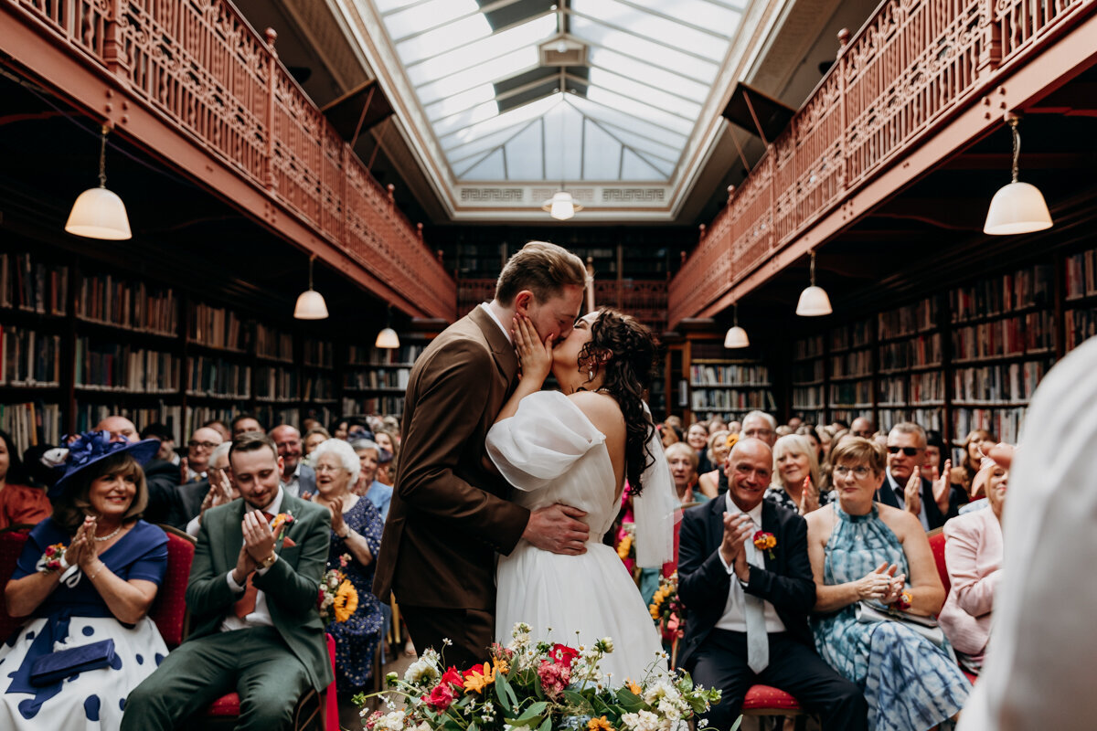 Leeds library wedding ceremony first kiss