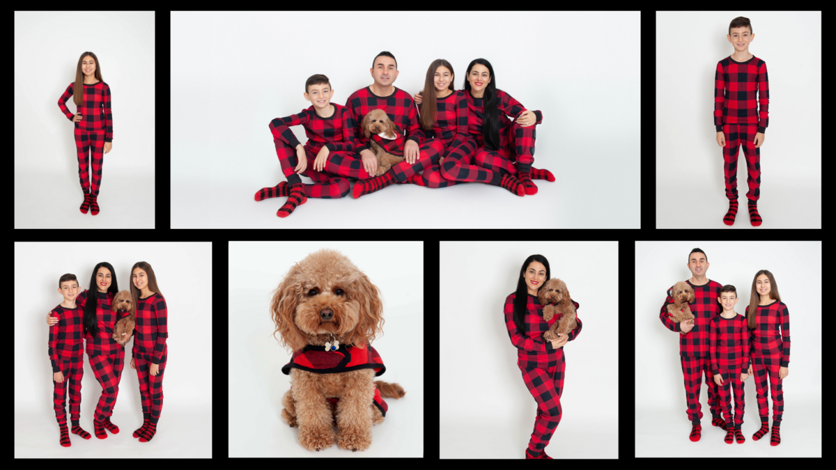 Collage of images of family in matching red and black pjs for holiday session with dog