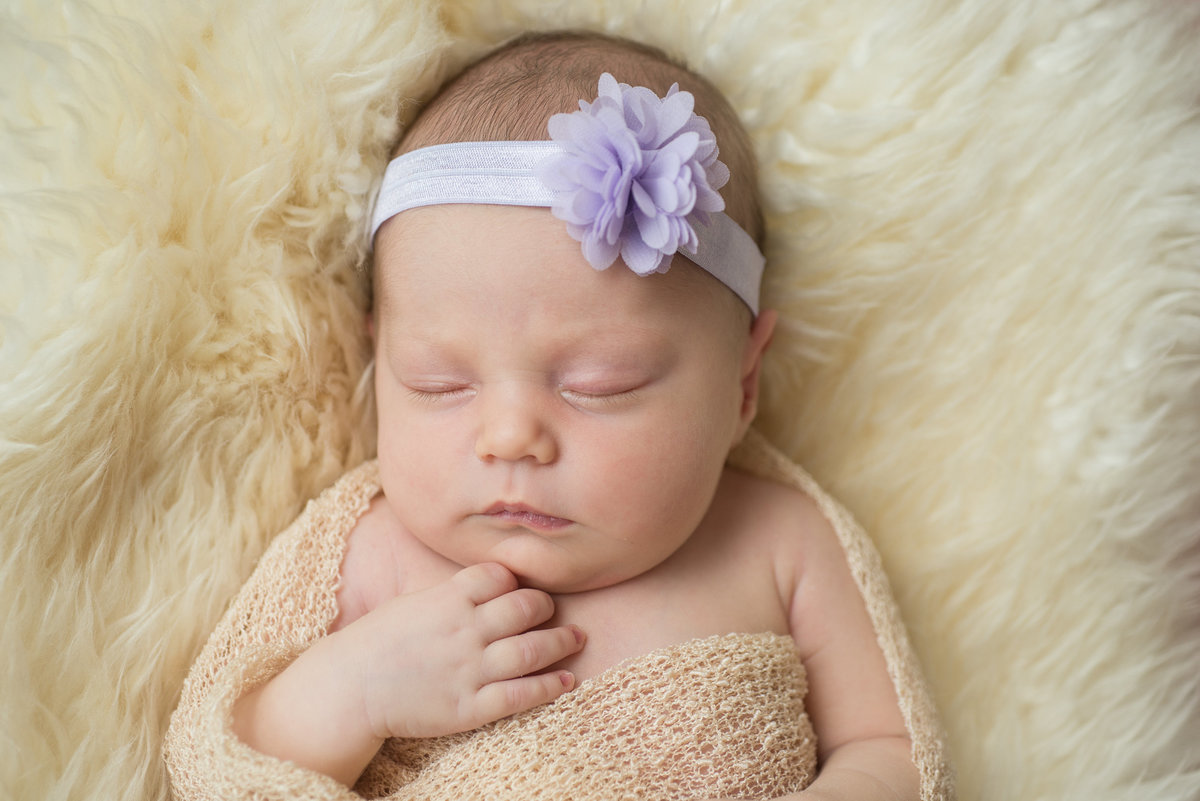 newborn girl photo close up with purple bow