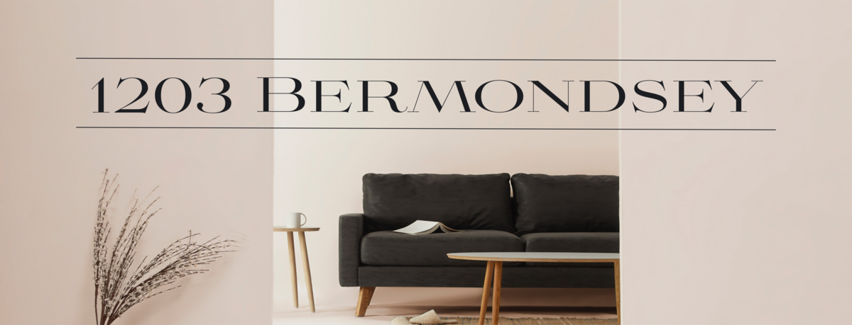 Sans serif logo for 1203 Bermondsey on an image of a living room
