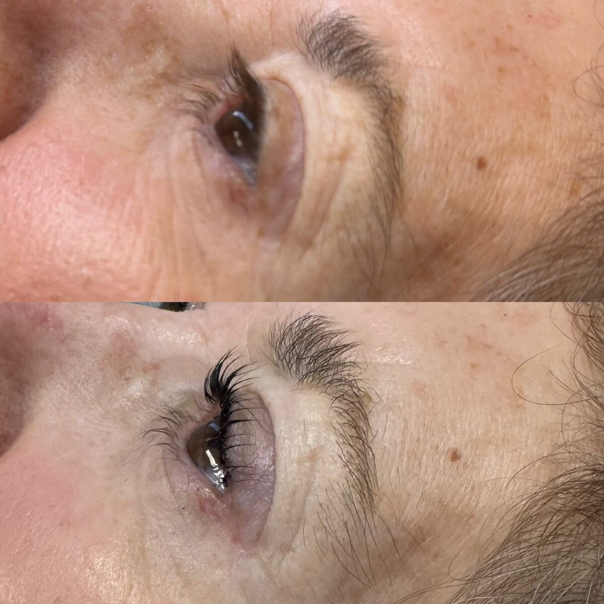 A woman's incredible results with her eyelash lift and tint as shown in the before and after images.