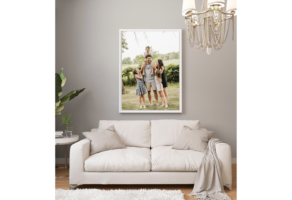 Large wall portrait displayed in living room.
