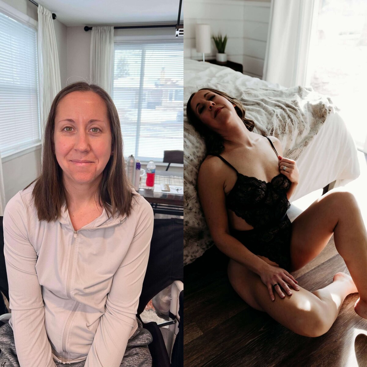 example image of a boudoir photo client before her session and during