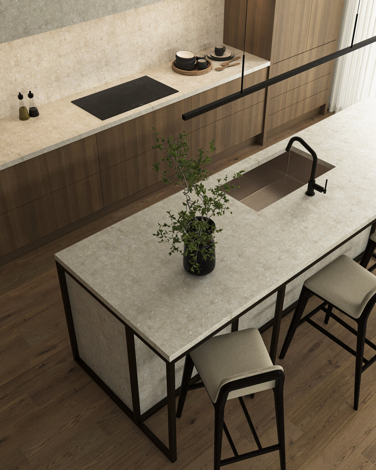 warm wood kitchen  with stone countertops