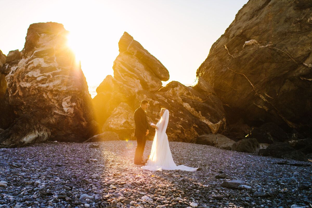 bride and groom stand on rock with starry night sky