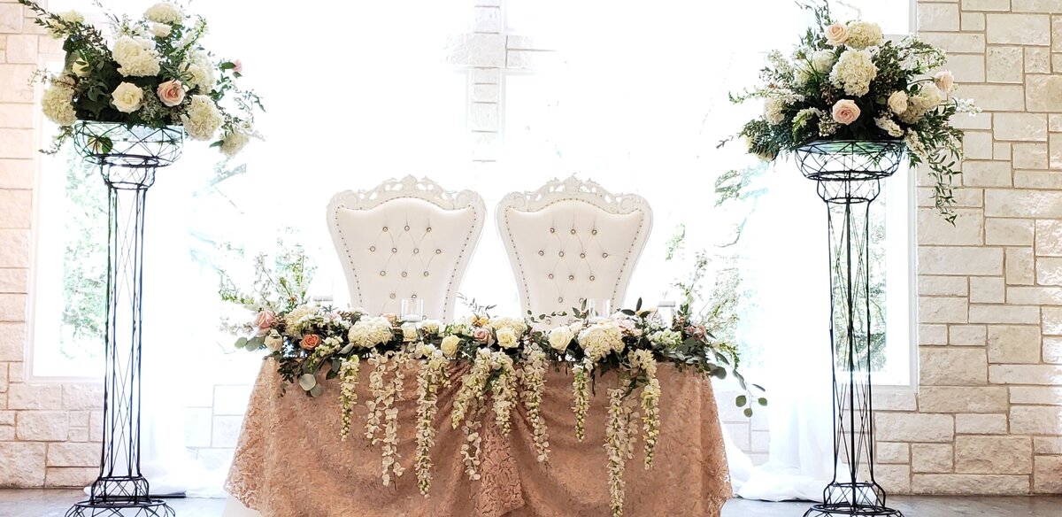 Cathedral Oaks Shannon Ugo Wedding throne chairs sheer champagne with overlay
