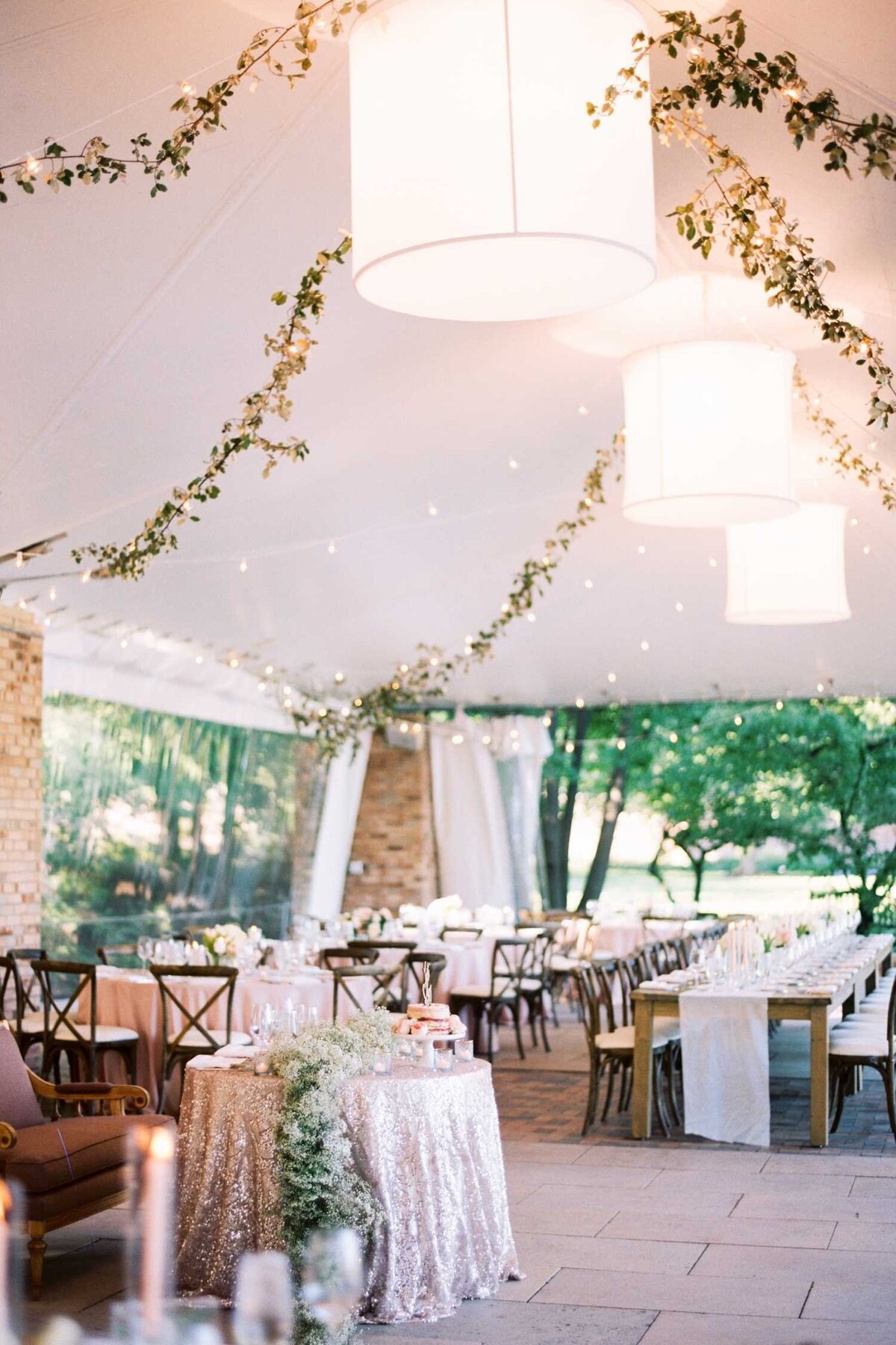 Tented Wedding Greenery Ceiling and Chandeliers at Luxury Chicago North Shore Garden Wedding Venue