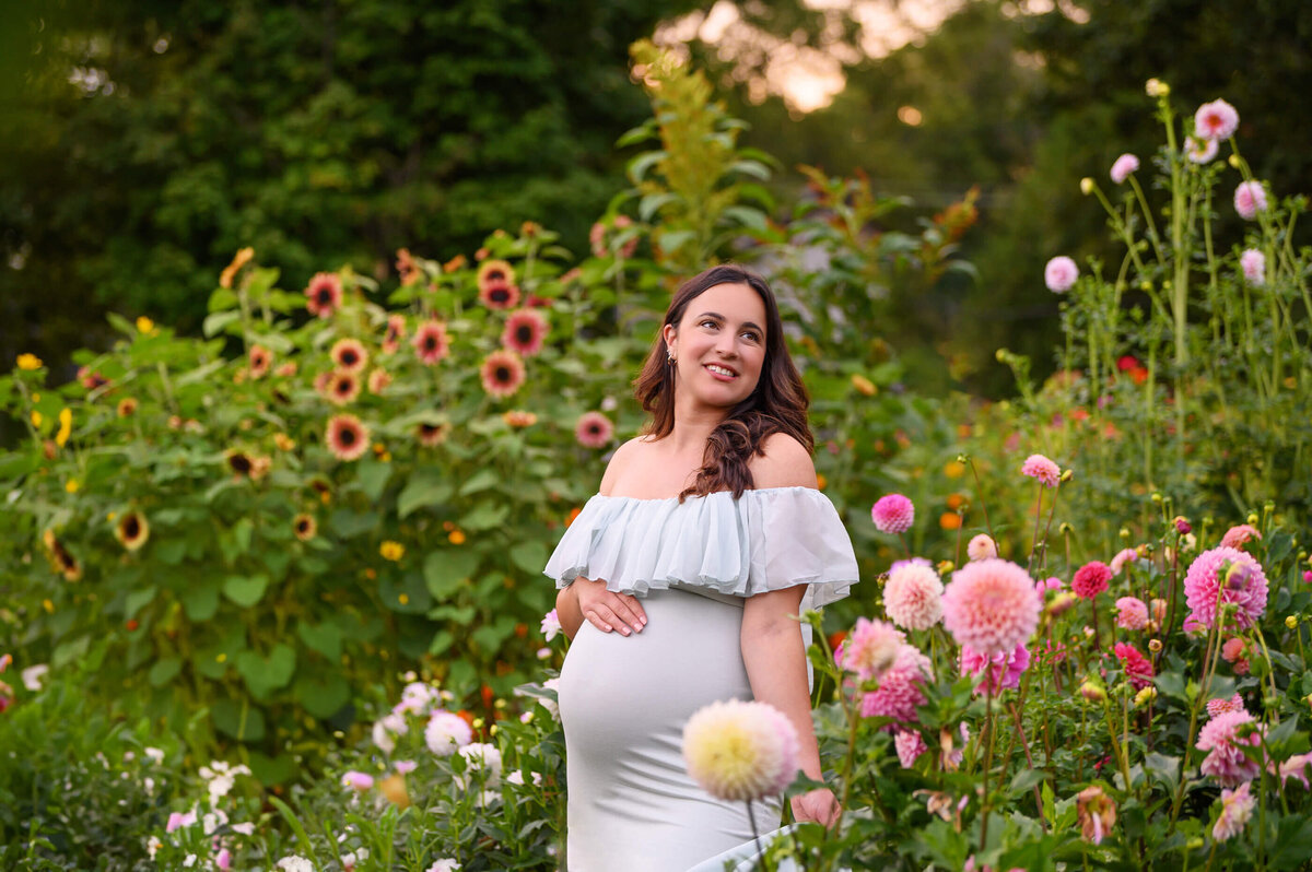 pregnant woman wearing a maternity dress in a flower field for her Toronto Summer Maternity Session