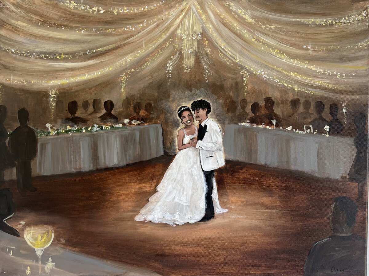 A finished painting showing a bride and groom during their first dance