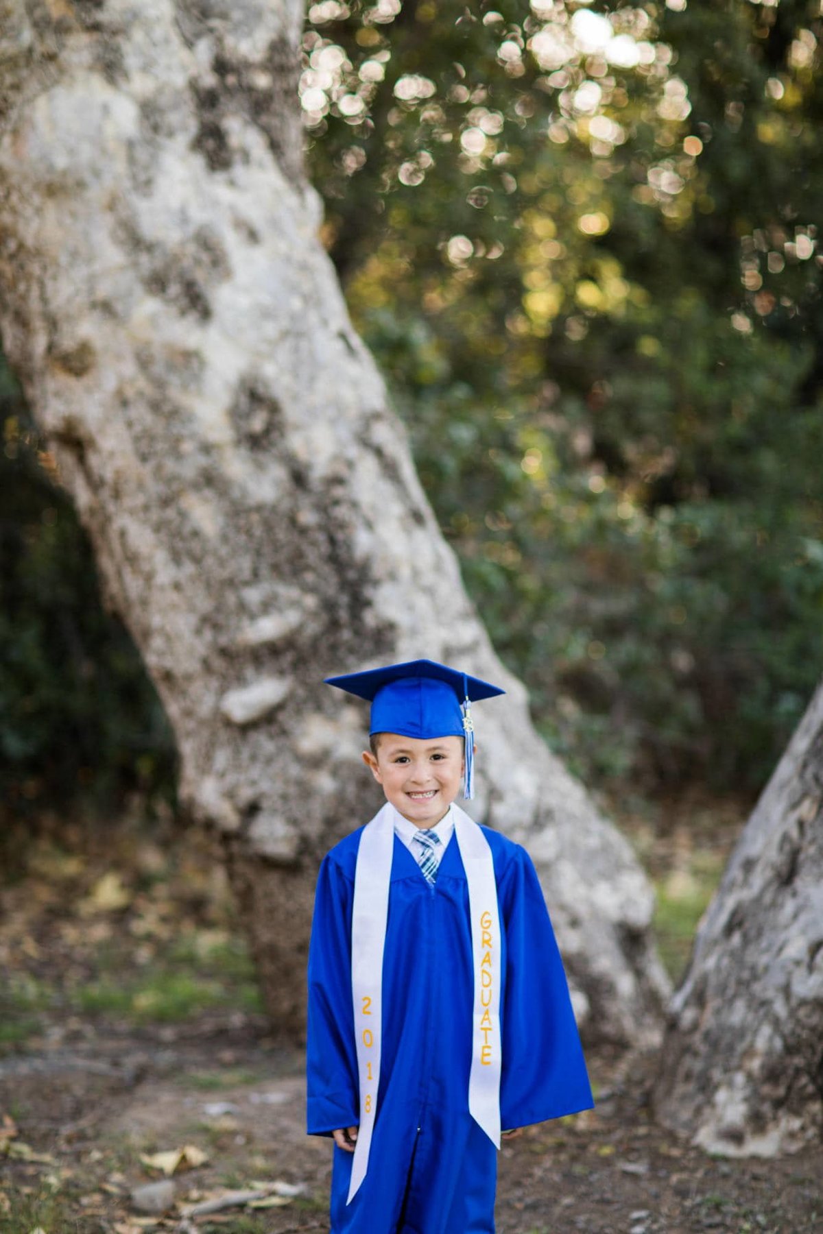 Young boy wears his cap and gown for his promotion day photo session