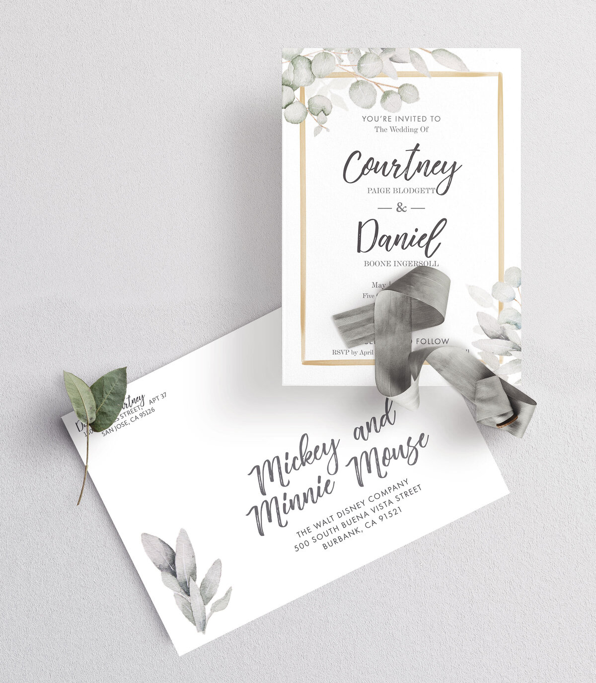 Wedding invitation design with sage, herbs and eucalyptus