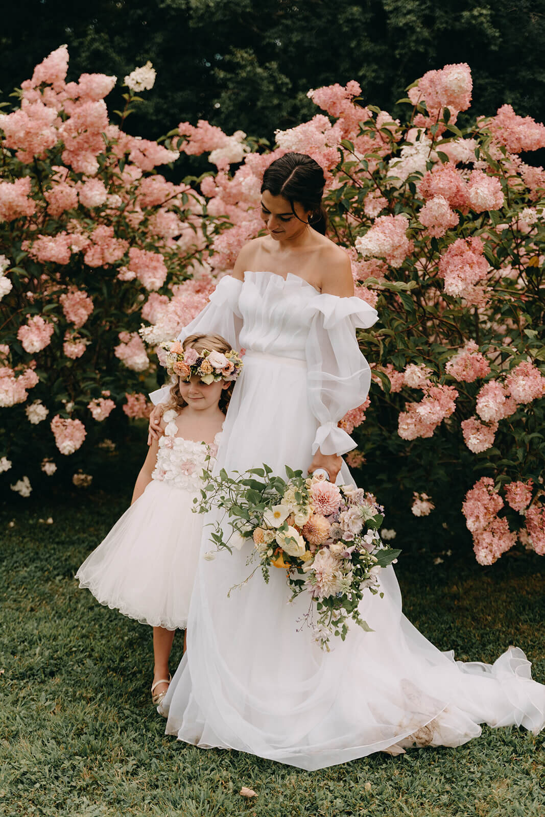 19.bride-flower-girl-cream-dress-pink-floral-hydrangea-garden