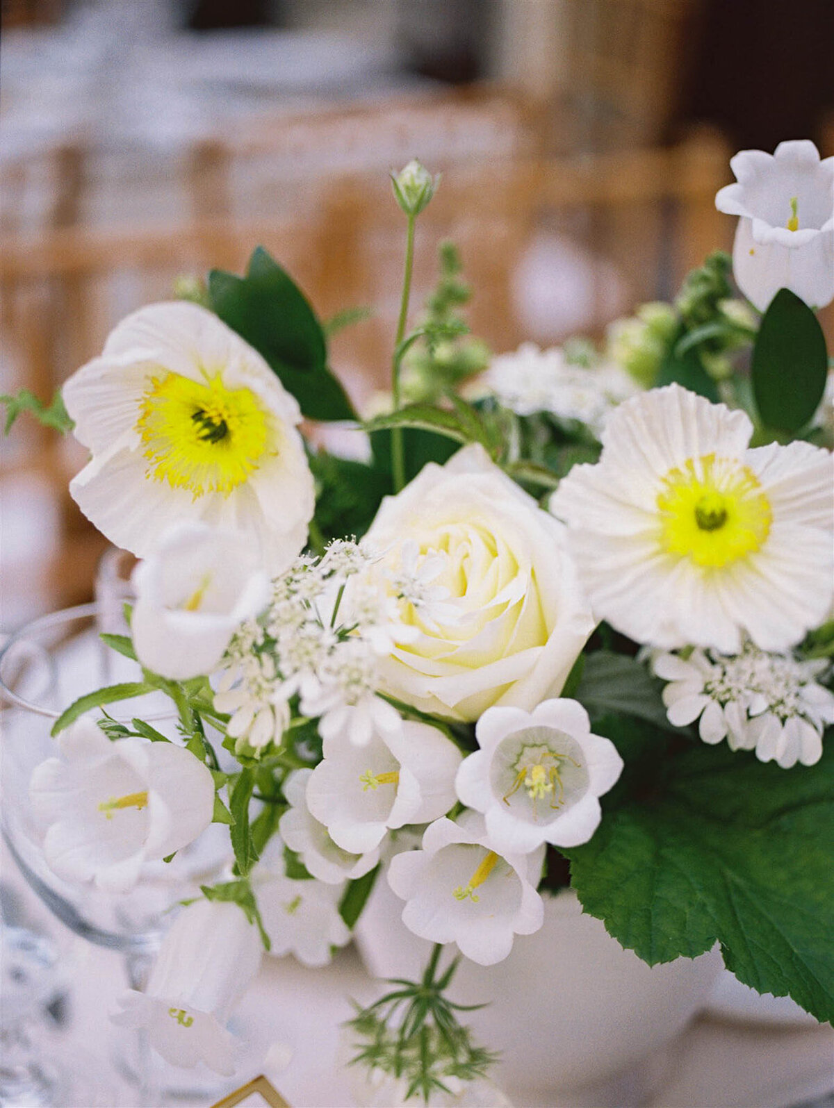 Closeup photo of florals at wedding reception in MIddleburg, Va
