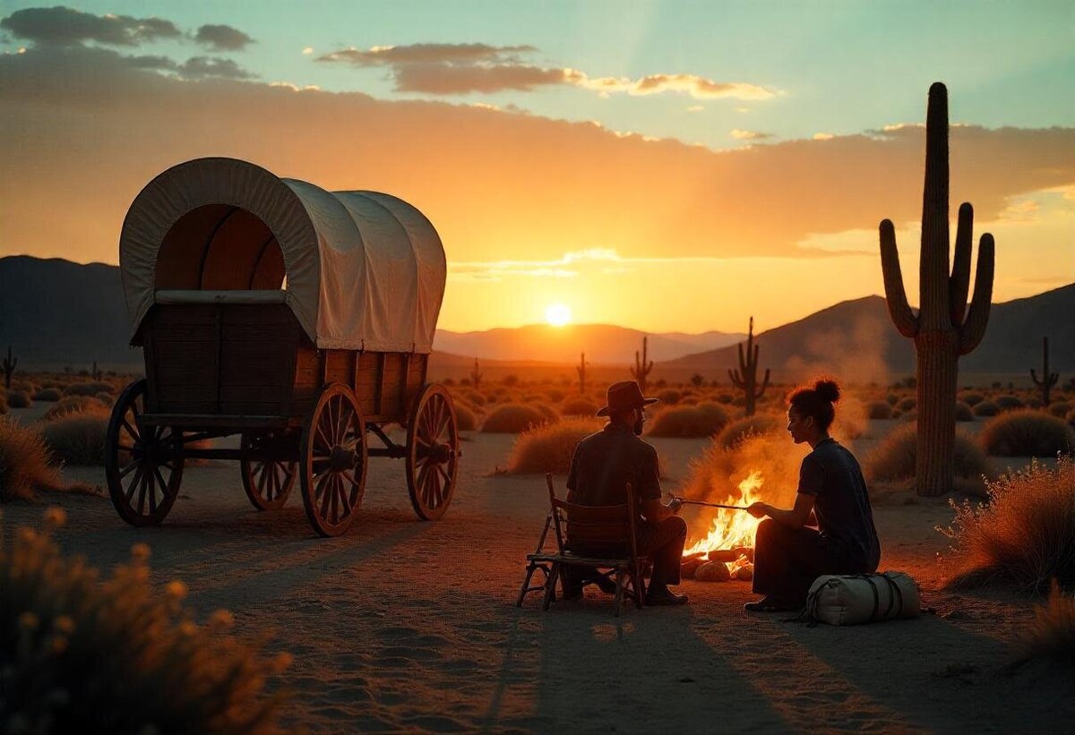 A romantic campfire scene with a covered wagon and cactus silhouetted against a vibrant desert sunset, part of a luxury 14-day Southwest adventure journey