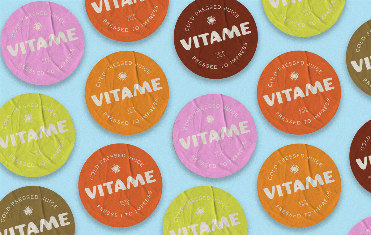 Custom brand design for Vitame, a cold-pressed juice company. Full branding suite including logo, color palette, typography, and packaging, all created to reflect the brand’s fresh and bold energy.