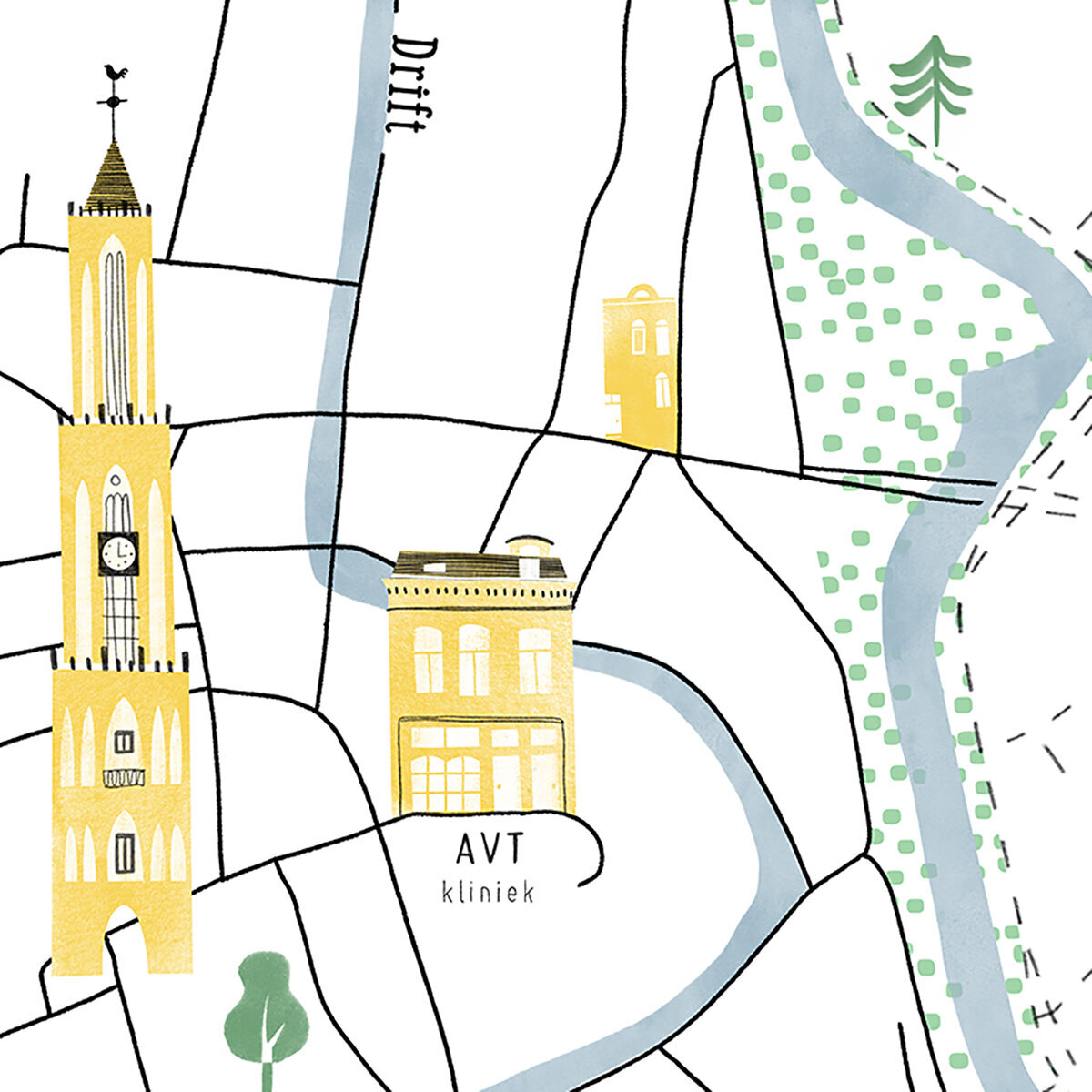 AVT Kliniek - plattegrond detail - illustratieve huisstijl - cracco illustration