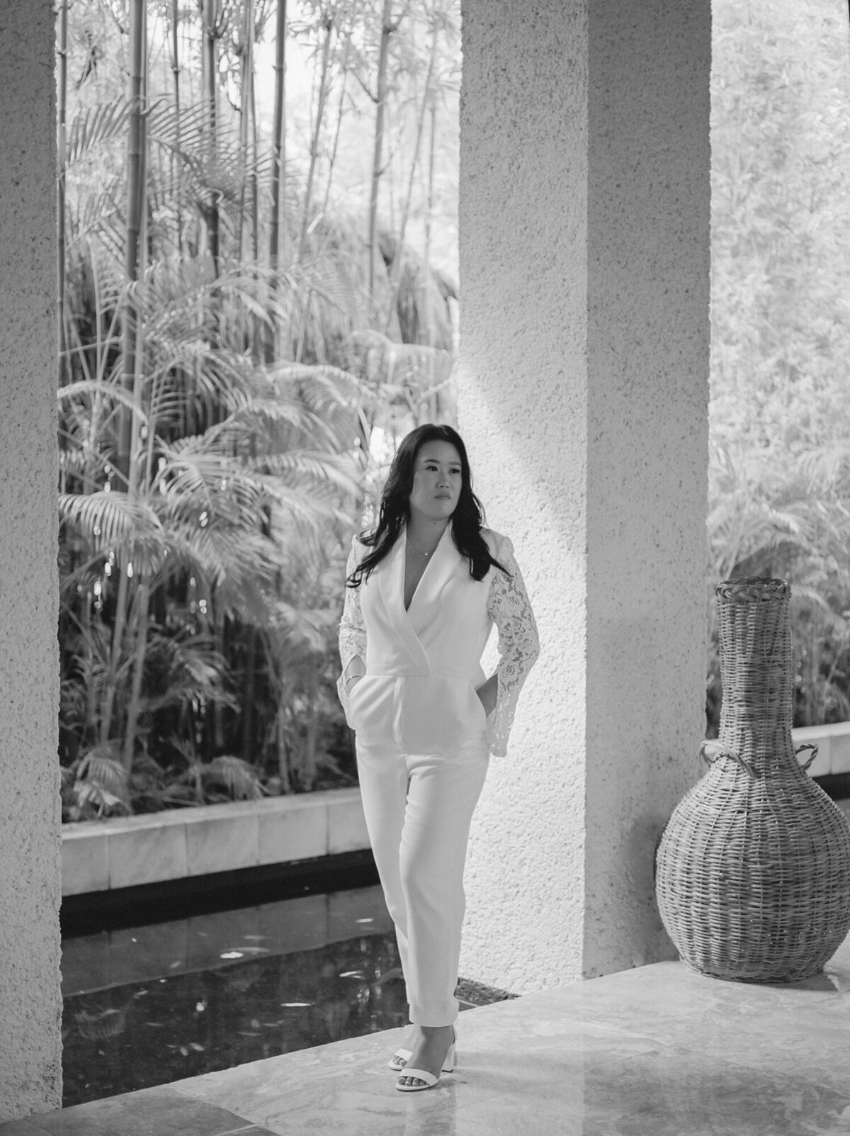 chic bride in pantsuit with lace sleeves, Mexico destination wedding, Paradisus resort