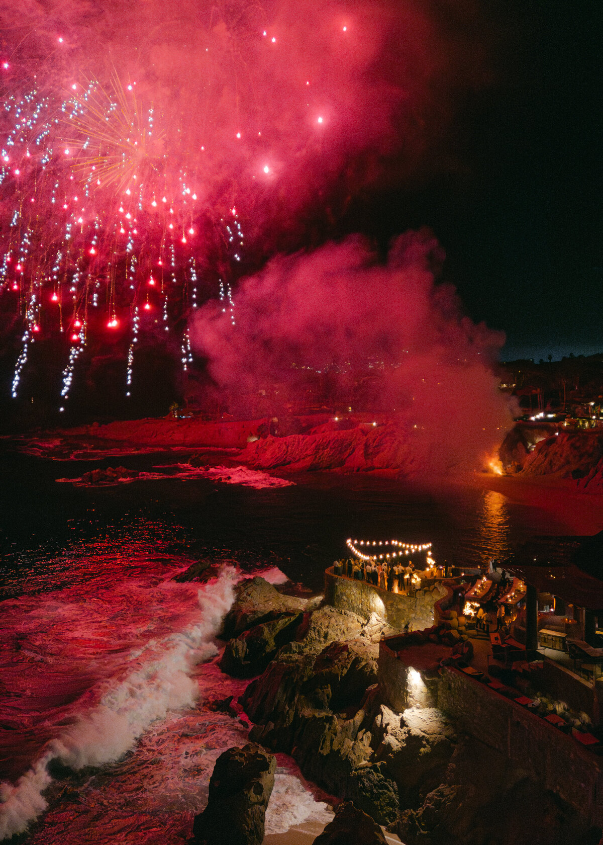 fireworks at beachside wedding reception