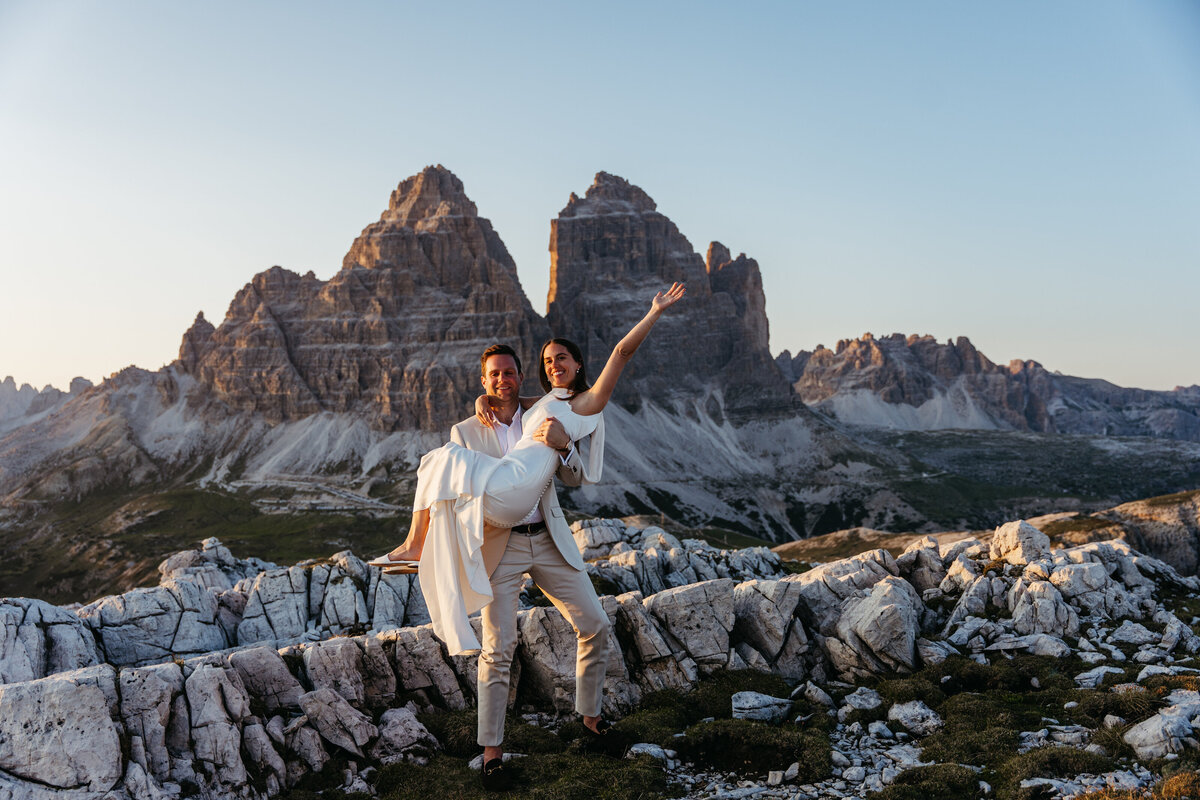 Couple mountain top elopement Tre Cime Dolomites