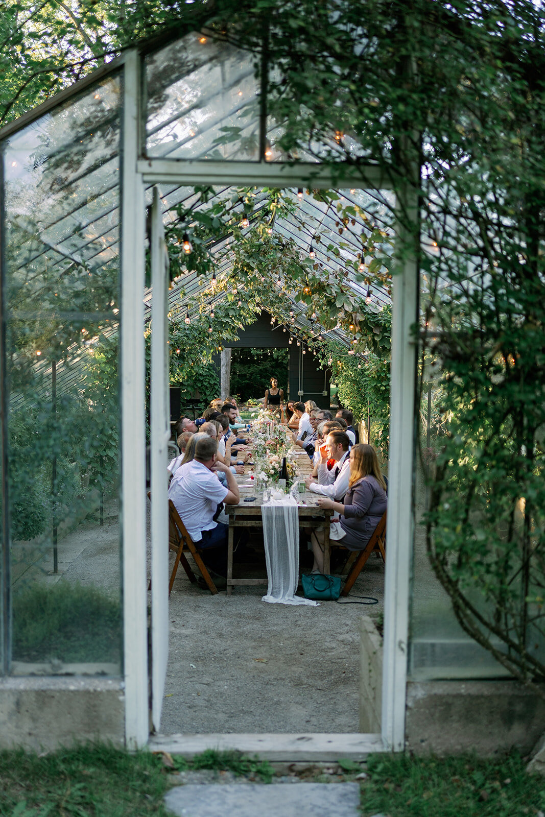 Wedding guests seated at a long dinner table inside the Glasshouse Community greenhouse during a cozy summer reception.